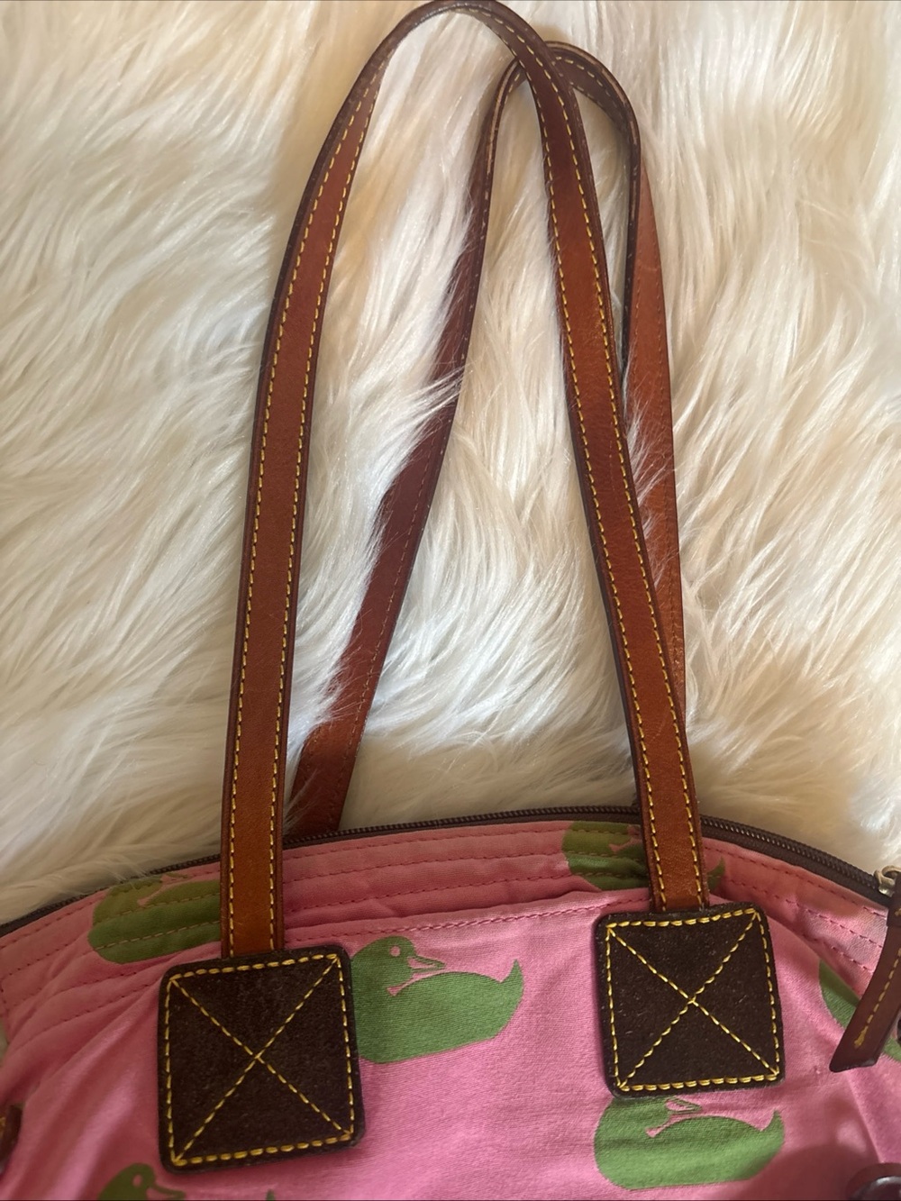 Dooney & Bourke Pink Canvas Tote with Green Duck Motif Brown Leather Trim preppy - Picture 7 of 8